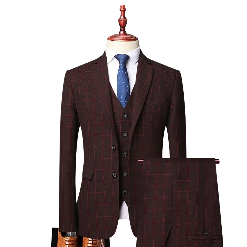 three-piece suit, suit, plaid men’s suit, men’s suit, men’s slim fit suit, formal men’s suit, burgundy men’s suit
