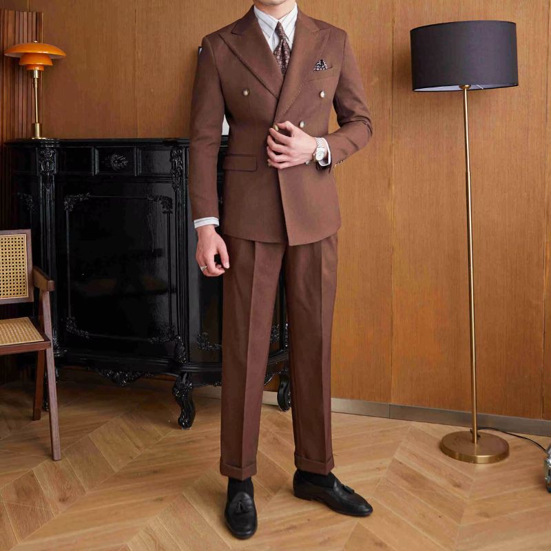 formal double breasted suit, slim fit men’s suit, elegant men’s suit, ribbed texture suit, classic formal suit