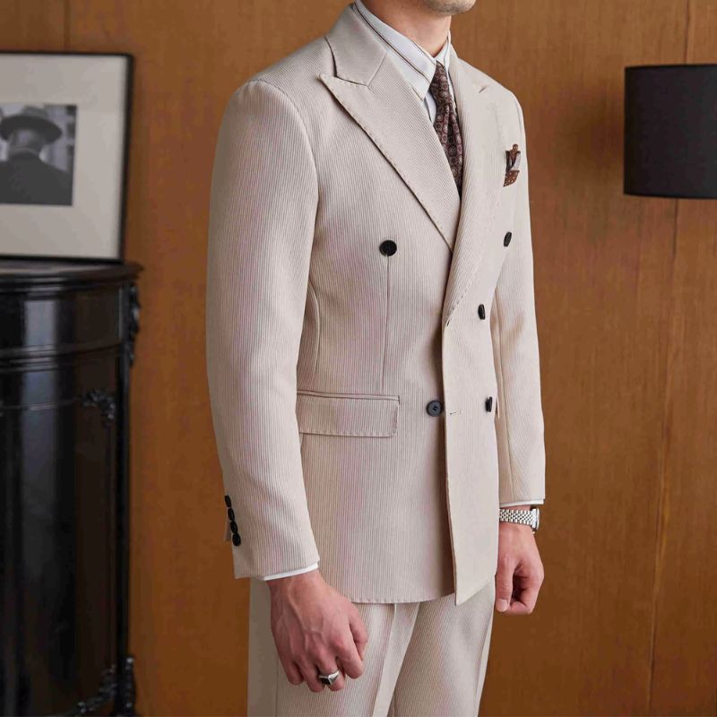 formal double breasted suit, slim fit men’s suit, elegant men’s suit, ribbed texture suit, classic formal suit