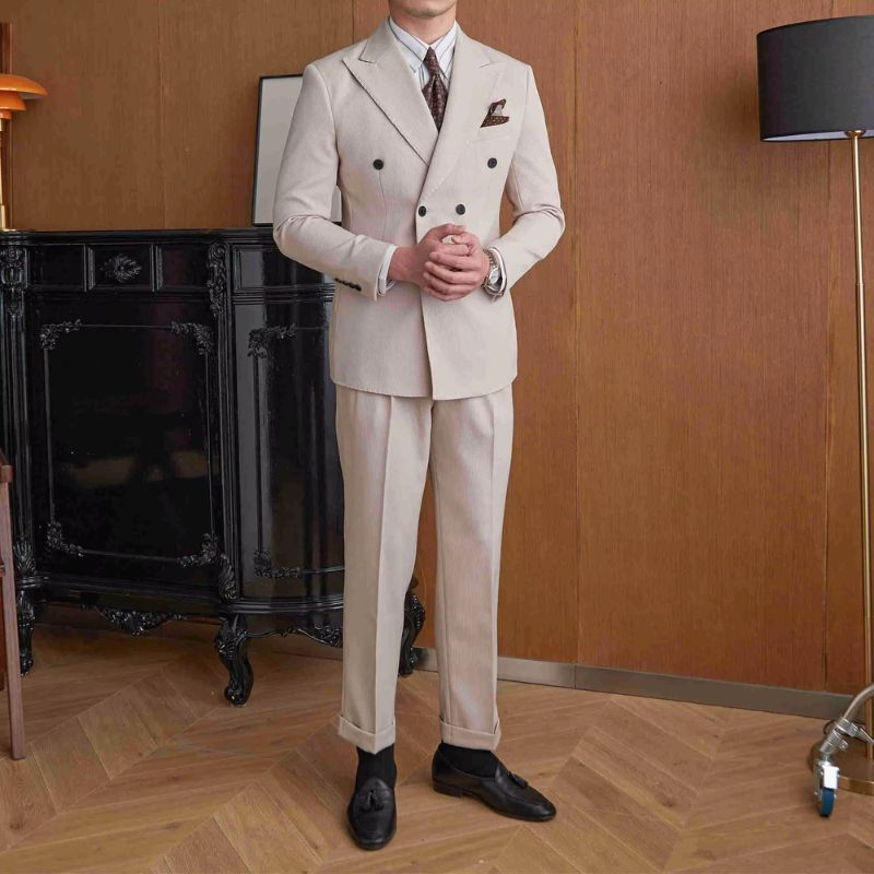 formal double breasted suit, slim fit men’s suit, elegant men’s suit, ribbed texture suit, classic formal suit