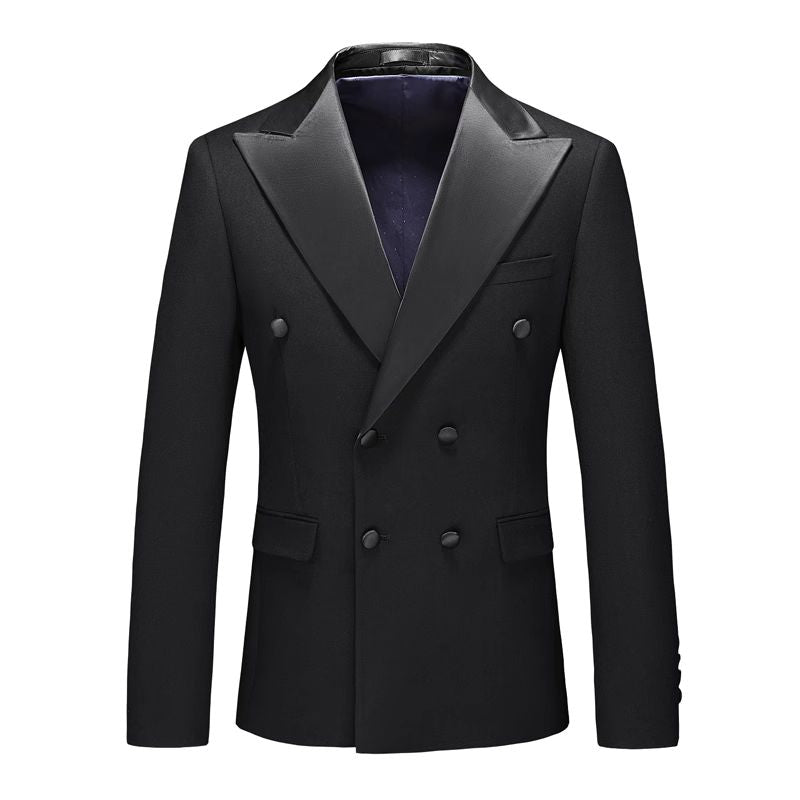 double breasted tuxedo, peak lapel tuxedo, formal men’s suit, elegant tuxedo, slim fit tuxedo