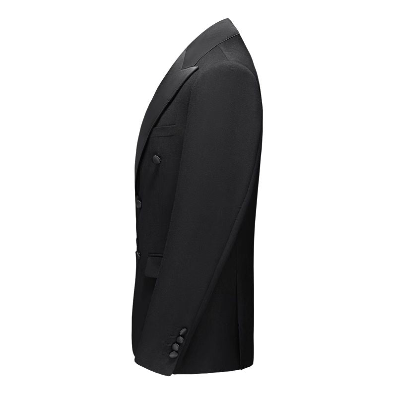 double breasted tuxedo, peak lapel tuxedo, formal men’s suit, elegant tuxedo, slim fit tuxedo