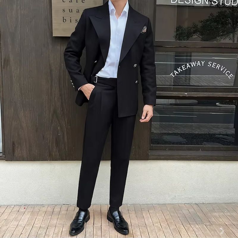 italian double breasted suit, slim fit men’s suit, elegant formal suit, premium italian suit, luxury two piece suit