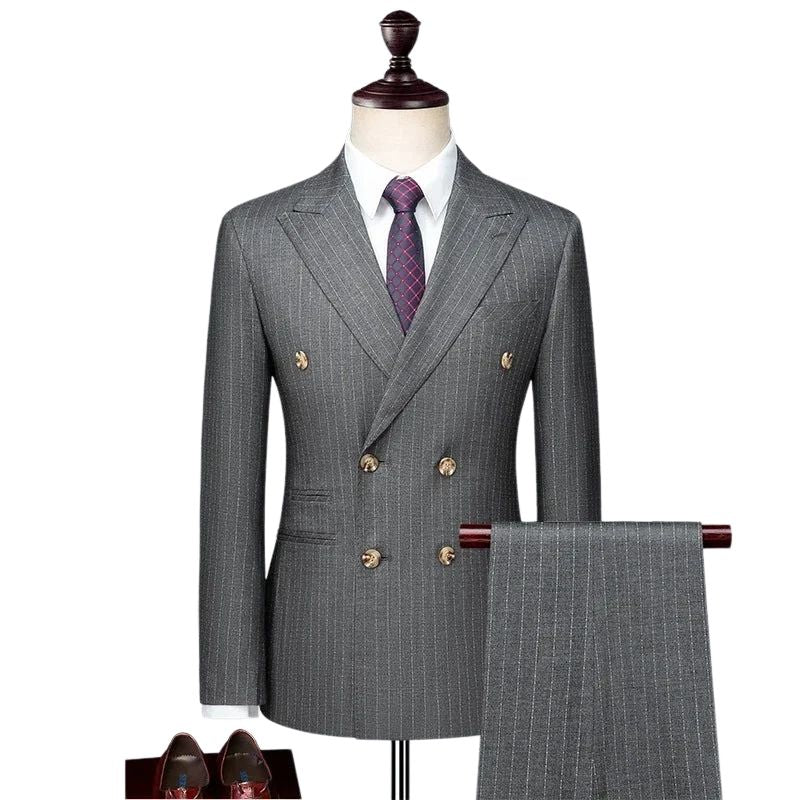 suit, men’s suit, Men’s Striped Suit, Men’s Striped Double-Breasted Suit, Men’s Gray Striped Double-Breasted Suit, Men’s Gray Double-Breasted Suit, Men’s Double-Breasted Suit, Men's Double-Breasted Suit, Gray Double-Breasted Suit, english double-breasted suit, double-breasted suit
