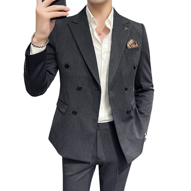 double-breasted men’s suit, solid grey suit, slim fit formal suit, elegant men’s outfit, Maximus menswear