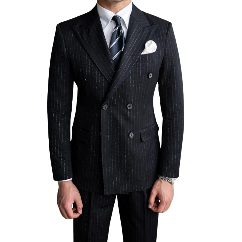pinstripe two piece suit, double breasted men’s suit, slim fit men’s suit, elegant men’s suit, premium formal suit
