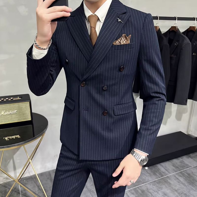 striped two piece suit, double breasted men’s suit, slim fit men’s suit, elegant formal suit, modern men’s suit