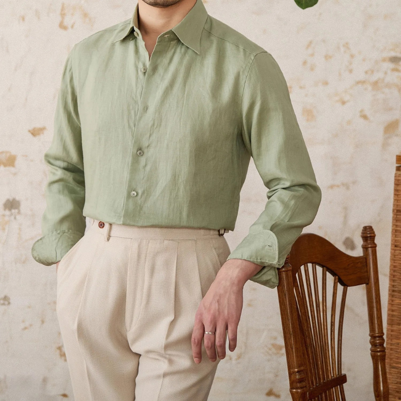 men linen dress shirt, slim fit linen shirt men, solid linen shirt men, breathable summer dress shirt, elegant men linen shirt