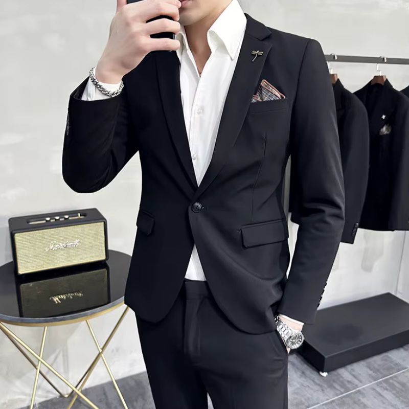 plain two piece suit, slim fit men’s suit, elegant formal suit, classic men’s suit, modern men’s suit