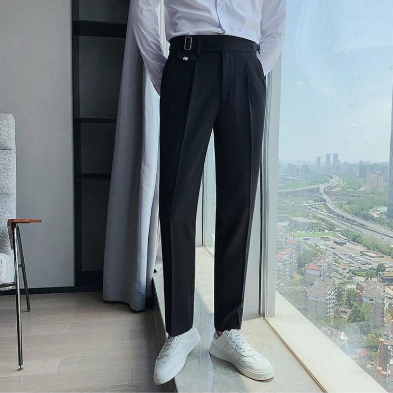 men’s premium tailored trousers, slim fit dress trousers, formal men’s pants, men’s suit trousers, adjustable waist trousers