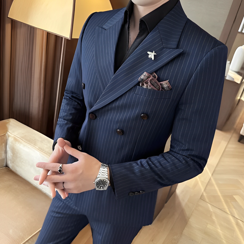 suit, striped suit, slim fit men’s suit, men’s suit, Men's Striped Suit, Men's Double-Breasted Suit, Men's Double-Breasted Striped Suit, elegant men’s suit, double-breasted suit, Double-Breasted Striped Suit