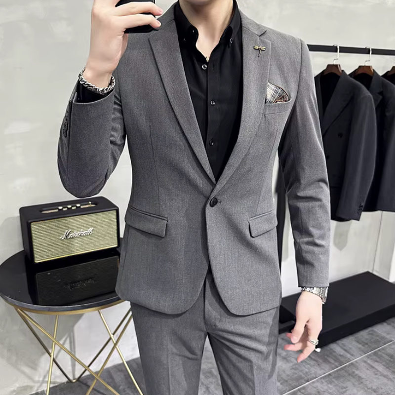 plain two piece suit, slim fit men’s suit, elegant formal suit, classic men’s suit, modern men’s suit