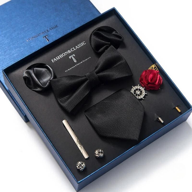 deluxe men’s tie set, luxury men accessories set, gentlemen gift box set, formal tie and bow tie set, maximus men accessories