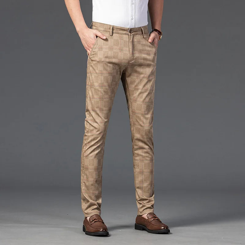 men’s checkered dress trousers, slim fit men’s pants, smart casual trousers, men’s tailored trousers, formal men’s pants
