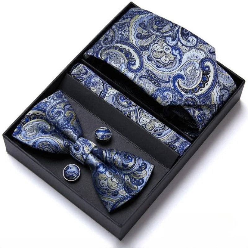 Tie Set, tie and bow tie set, silk tie set for men, Premium Tie Set, Premium Patterned Tie Set, patterned tie set, Patterned Tie, men’s premium accessory set, men’s patterned tie set, maximus men accessories, formal men gift box