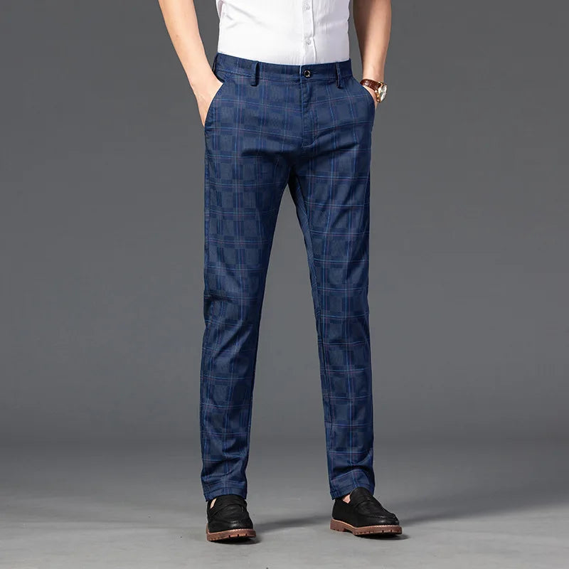 men’s checkered dress trousers, slim fit men’s pants, smart casual trousers, men’s tailored trousers, formal men’s pants