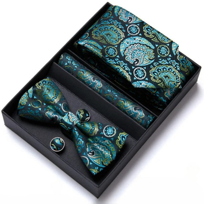 Tie Set, tie and bow tie set, silk tie set for men, Premium Tie Set, Premium Patterned Tie Set, patterned tie set, Patterned Tie, men’s premium accessory set, men’s patterned tie set, maximus men accessories, formal men gift box