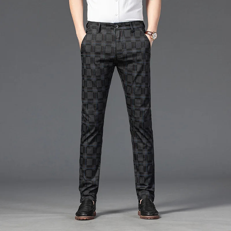 men’s checkered dress trousers, slim fit men’s pants, smart casual trousers, men’s tailored trousers, formal men’s pants