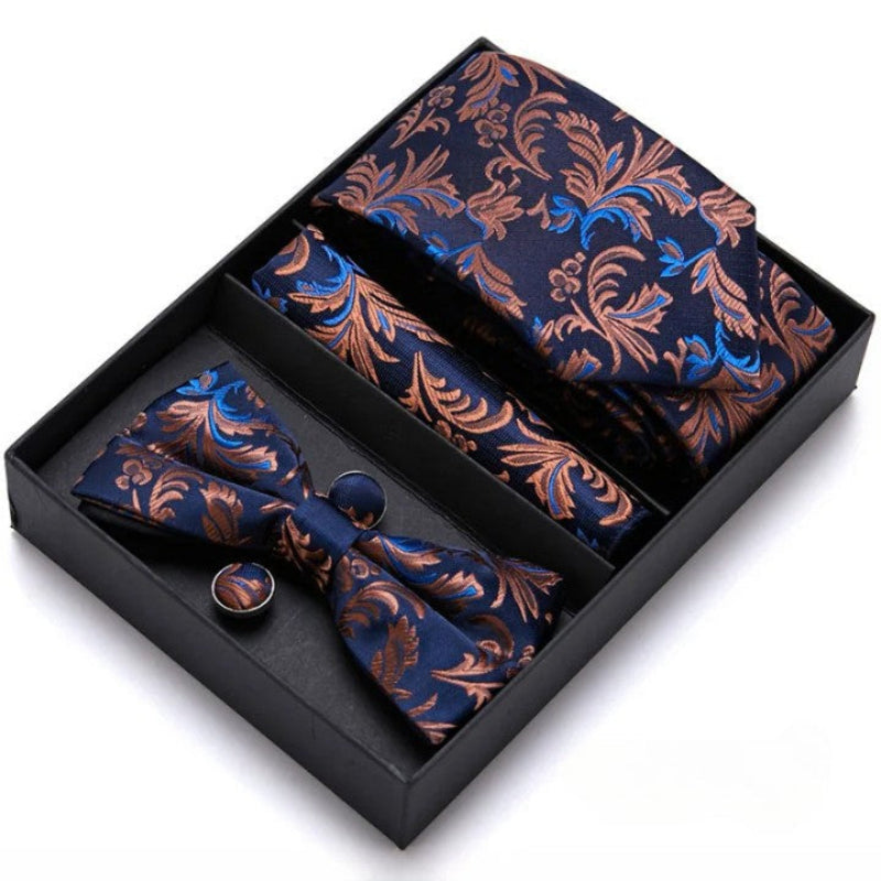 Tie Set, tie and bow tie set, silk tie set for men, Premium Tie Set, Premium Patterned Tie Set, patterned tie set, Patterned Tie, men’s premium accessory set, men’s patterned tie set, maximus men accessories, formal men gift box