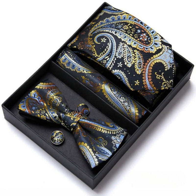 Tie Set, tie and bow tie set, silk tie set for men, Premium Tie Set, Premium Patterned Tie Set, patterned tie set, Patterned Tie, men’s premium accessory set, men’s patterned tie set, maximus men accessories, formal men gift box
