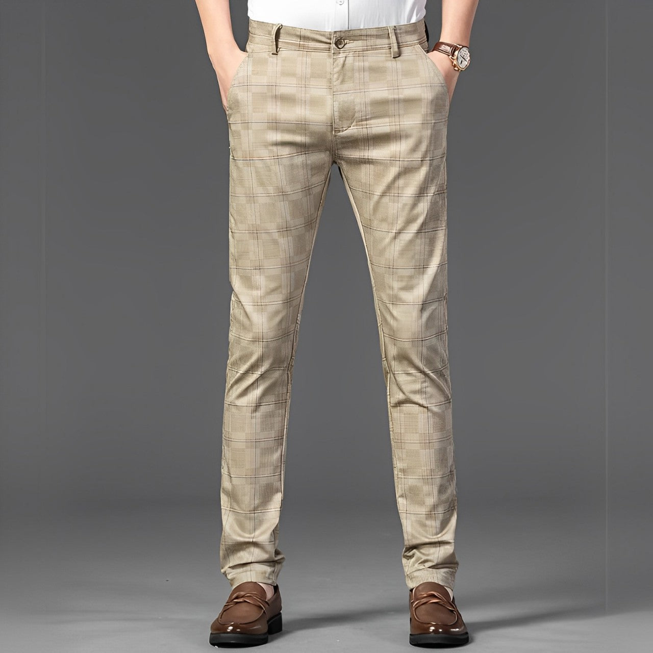 men’s checkered dress trousers, slim fit men’s pants, smart casual trousers, men’s tailored trousers, formal men’s pants