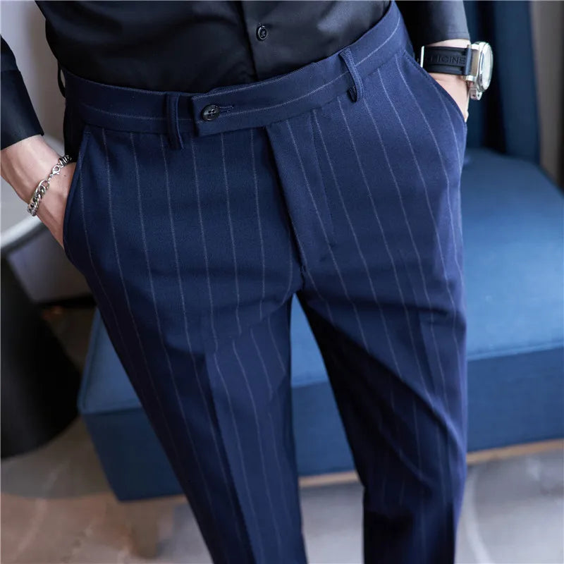 men’s pinstripe tailored trousers, slim fit dress trousers, formal men’s pants, men’s suit trousers, classic pinstripe trousers