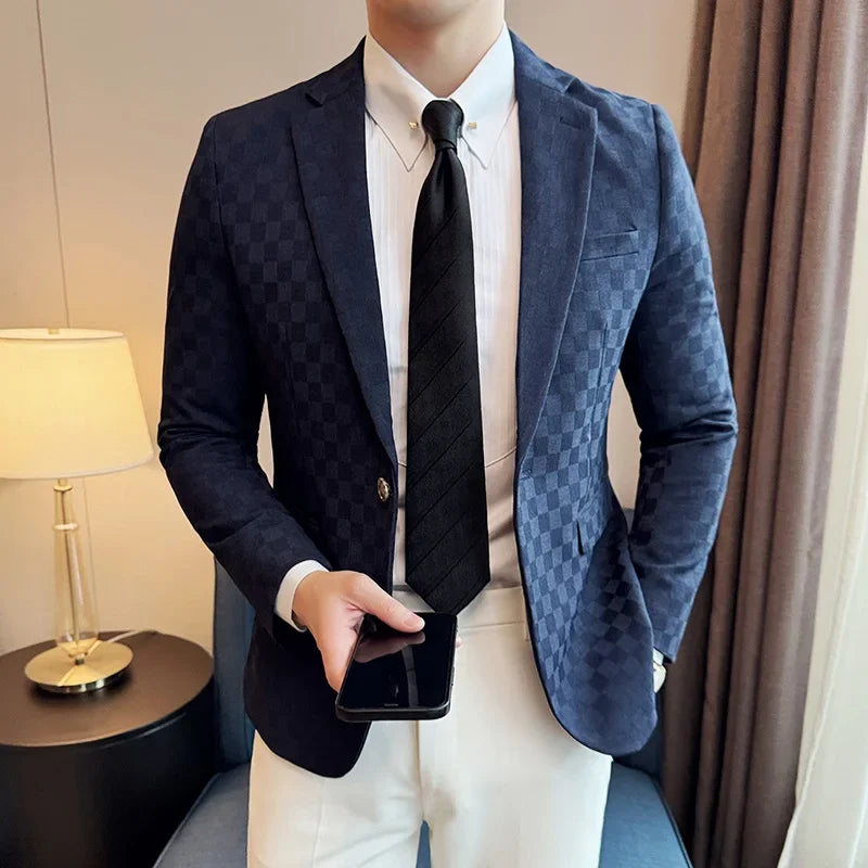 men's checkered blazer, check pattern blazer, Maximus men's blazer, smart casual blazer, one-button blazer
