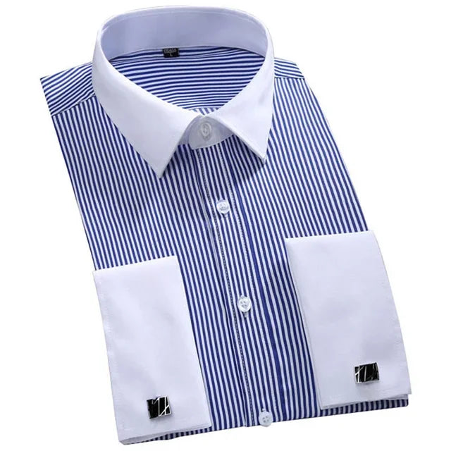 men striped dress shirt, double cuff dress shirt men, french cuff shirt men, formal men dress shirt, men business formal shirt