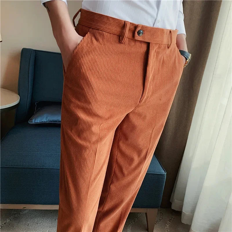 men's tailored trousers, men's corduroy pants, suede style pants, men's dress pants, elegant men's fashion
