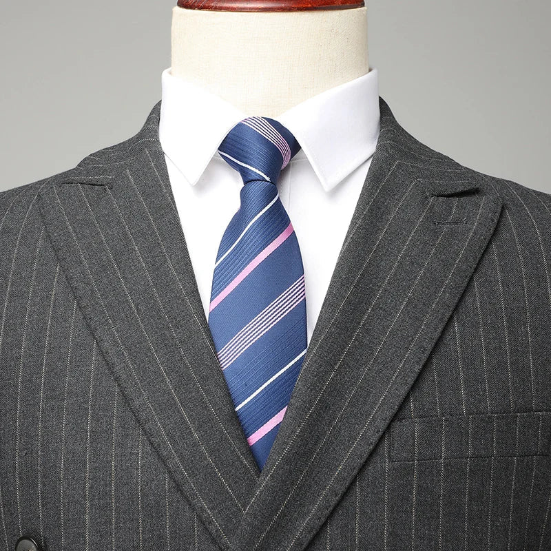 dark gray pinstripe suit, double breasted two piece suit, slim fit men’s suit, elegant formal suit, modern men’s suit