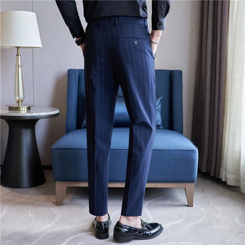 men’s pinstripe tailored trousers, slim fit dress trousers, formal men’s pants, men’s suit trousers, classic pinstripe trousers