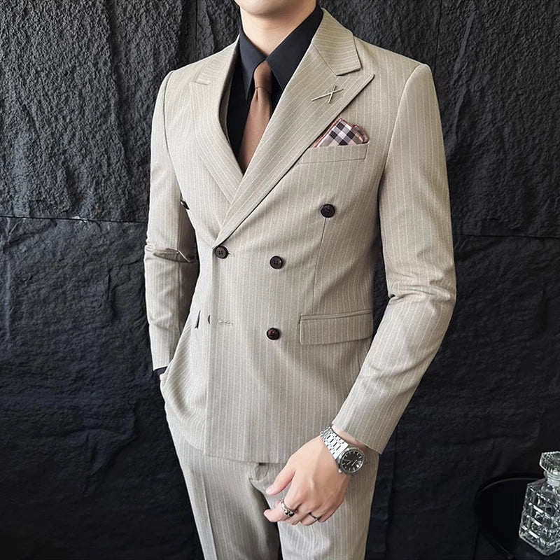 striped two piece suit, double breasted men’s suit, slim fit men’s suit, elegant formal suit, modern men’s suit