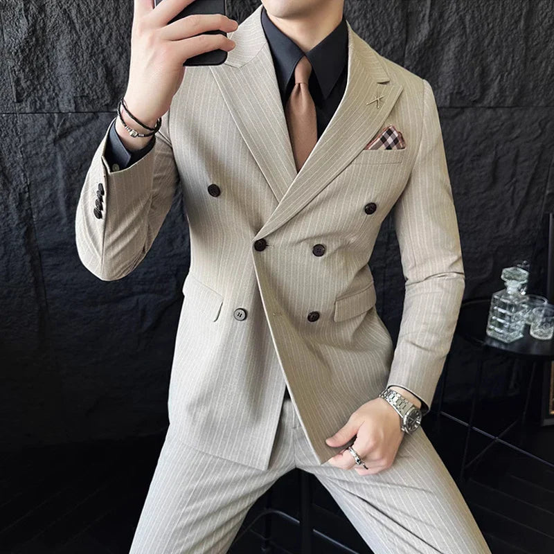 striped two piece suit, double breasted men’s suit, slim fit men’s suit, elegant formal suit, modern men’s suit