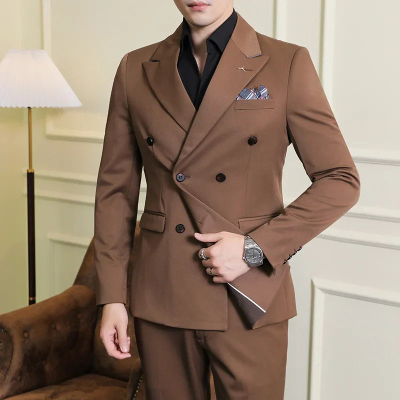 double-breasted men’s suit, solid grey suit, slim fit formal suit, elegant men’s outfit, Maximus menswear