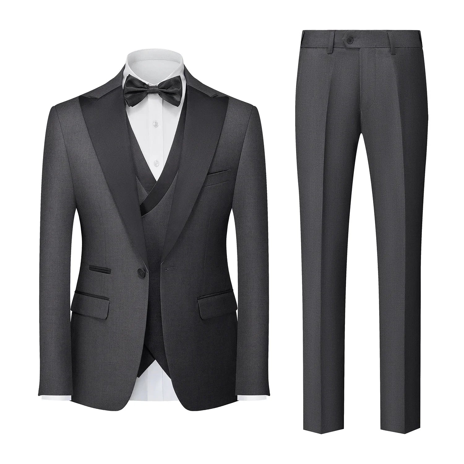 men’s tuxedo, slim fit tuxedo, men’s formal suit, black lapel tuxedo, three piece suit