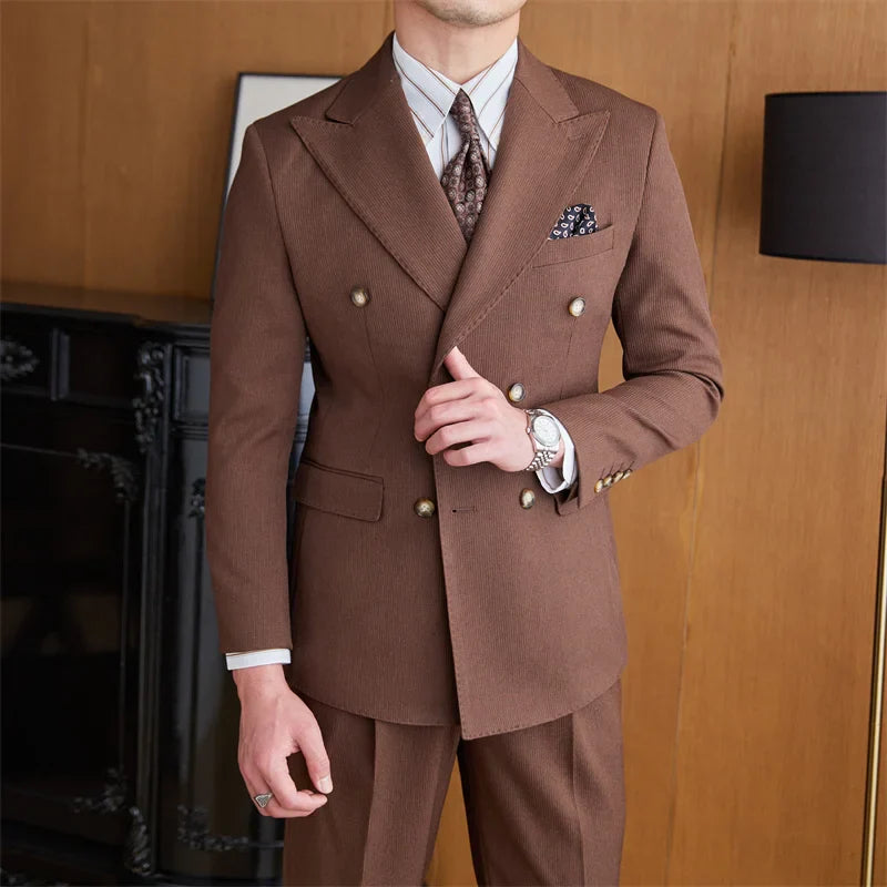 formal double breasted suit, slim fit men’s suit, elegant men’s suit, ribbed texture suit, classic formal suit