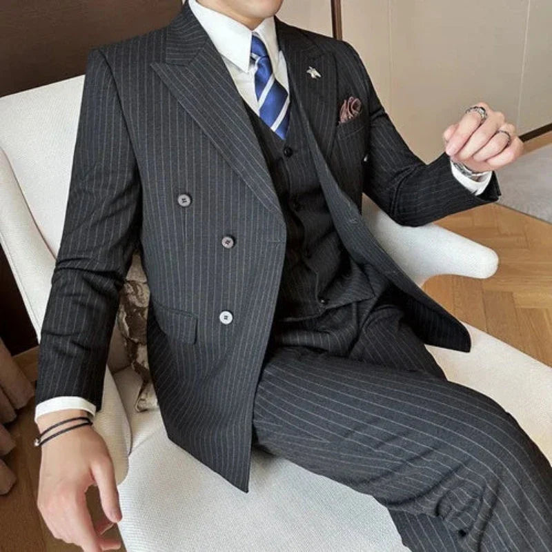 suit, striped suit, slim fit men’s suit, men’s suit, Men's Striped Suit, Men's Double-Breasted Suit, Men's Double-Breasted Striped Suit, elegant men’s suit, double-breasted suit, Double-Breasted Striped Suit