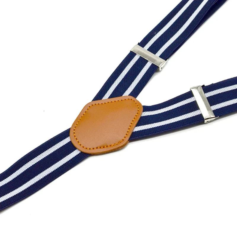 Suspenders, modern men’s suspenders, men’s suspenders, men’s striped suspenders, men’s fashion accessories, blue and white suspenders, adjustable suspenders