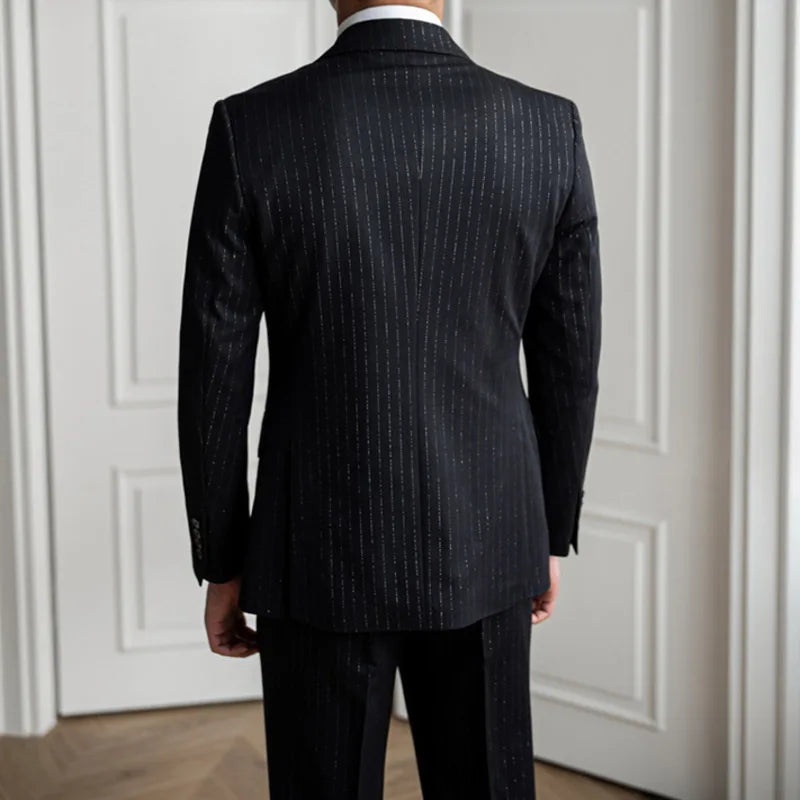 pinstripe two piece suit, double breasted men’s suit, slim fit men’s suit, elegant men’s suit, premium formal suit