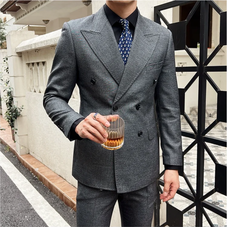 luxury slim fit suit, double breasted two piece suit, elegant men’s suit, formal slim fit suit, modern men’s suit