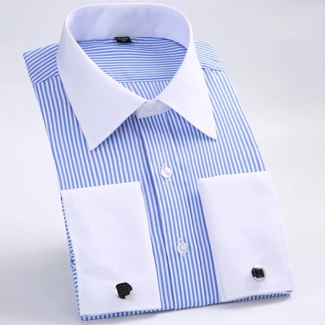 men striped dress shirt, double cuff dress shirt men, french cuff shirt men, formal men dress shirt, men business formal shirt