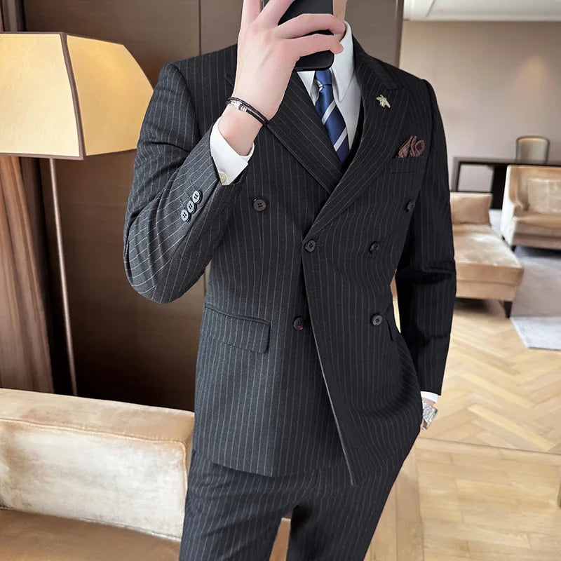 suit, striped suit, slim fit men’s suit, men’s suit, Men's Striped Suit, Men's Double-Breasted Suit, Men's Double-Breasted Striped Suit, elegant men’s suit, double-breasted suit, Double-Breasted Striped Suit