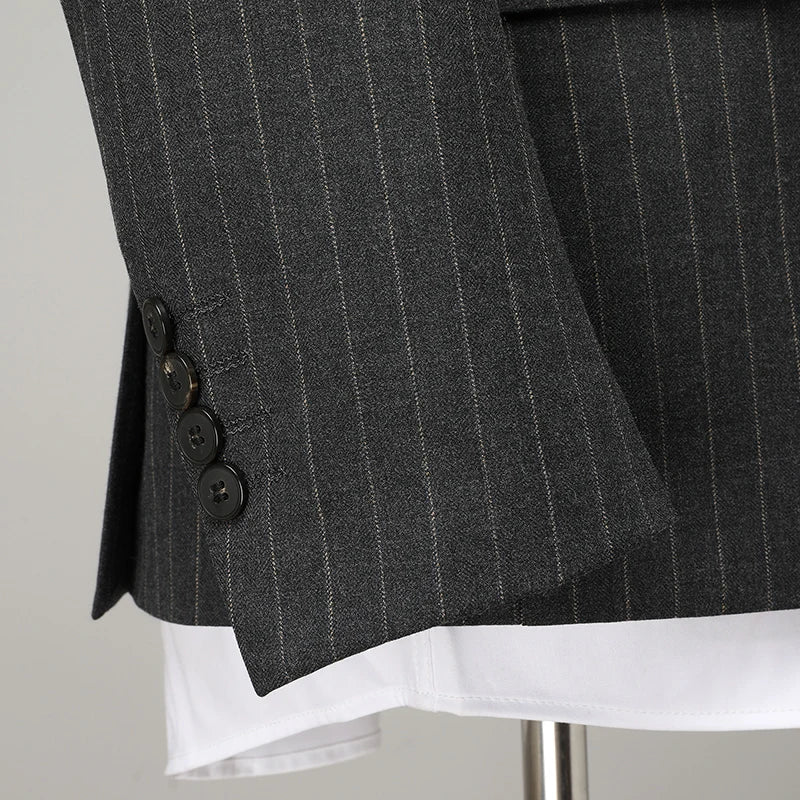 dark gray pinstripe suit, double breasted two piece suit, slim fit men’s suit, elegant formal suit, modern men’s suit
