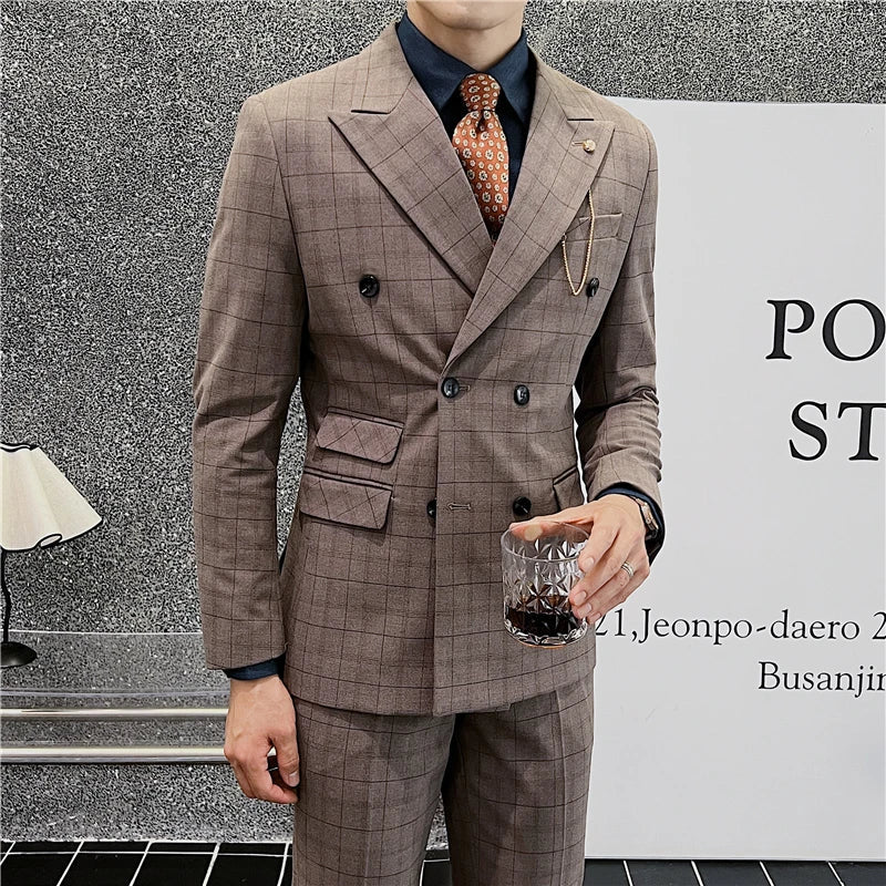 suit, Plaid Suit, men’s suit, Men’s Plaid Suit, Men's Plaid Suit, Men's Double-Breasted Suit, Men's Double-Breasted Plaid Suit, double-breasted suit