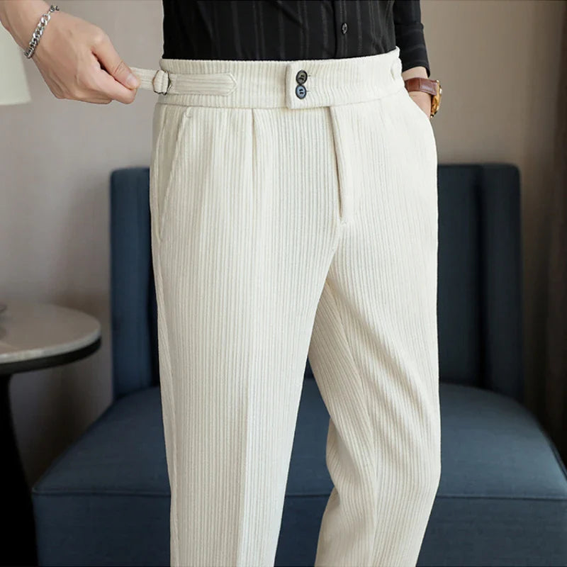 men’s ribbed tailored trousers, ribbed dress pants for men, men’s tailored pants, smart casual men’s trousers, modern tailored trousers