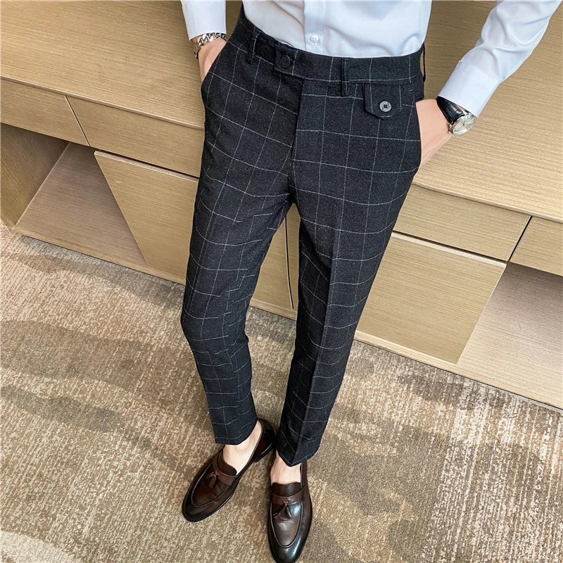 men’s check tailored trousers, modern check dress pants, slim fit men’s trousers, English style trousers, smart casual men’s pants