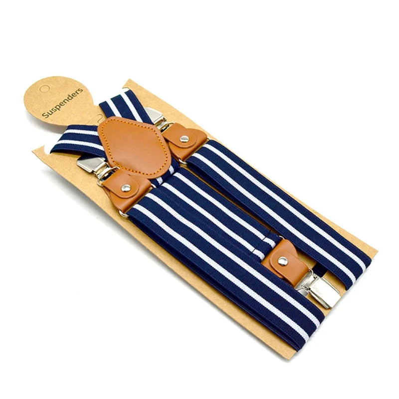 Suspenders, modern men’s suspenders, men’s suspenders, men’s striped suspenders, men’s fashion accessories, blue and white suspenders, adjustable suspenders