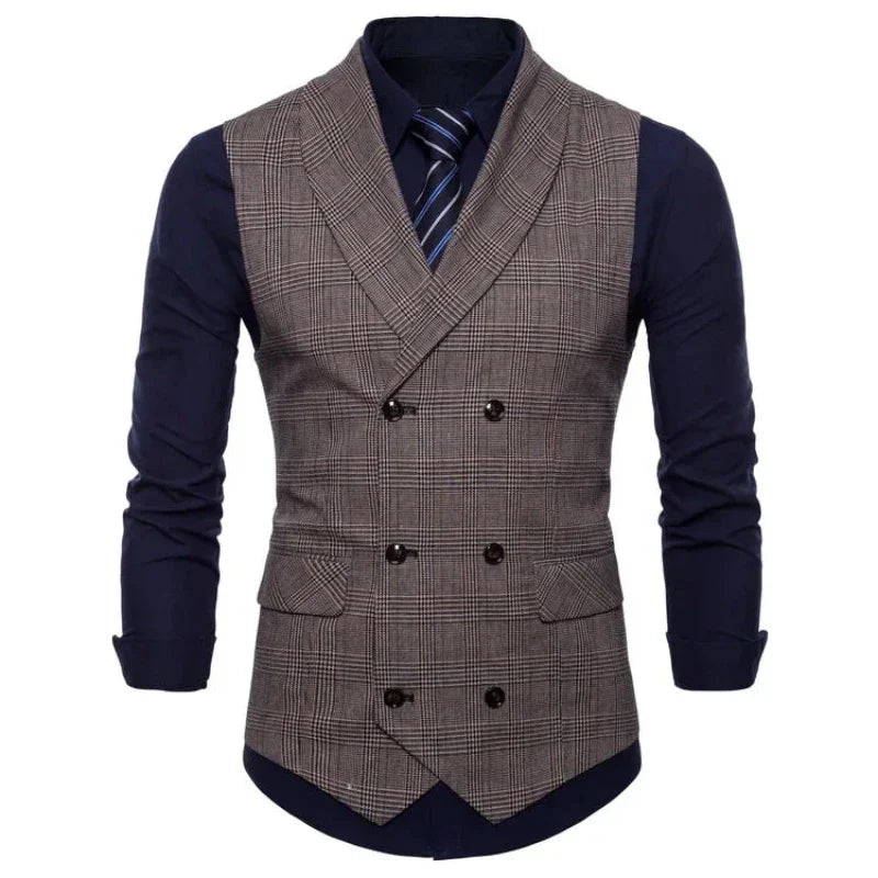 men double breasted plaid vest, mens lapel vest, slim fit mens vest, formal mens waistcoat, plaid mens waistcoat