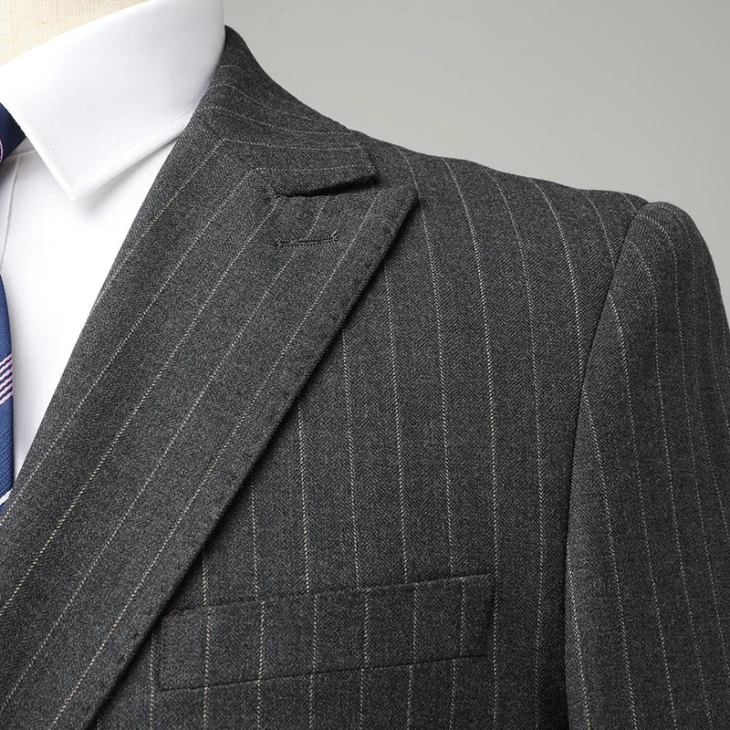 dark gray pinstripe suit, double breasted two piece suit, slim fit men’s suit, elegant formal suit, modern men’s suit