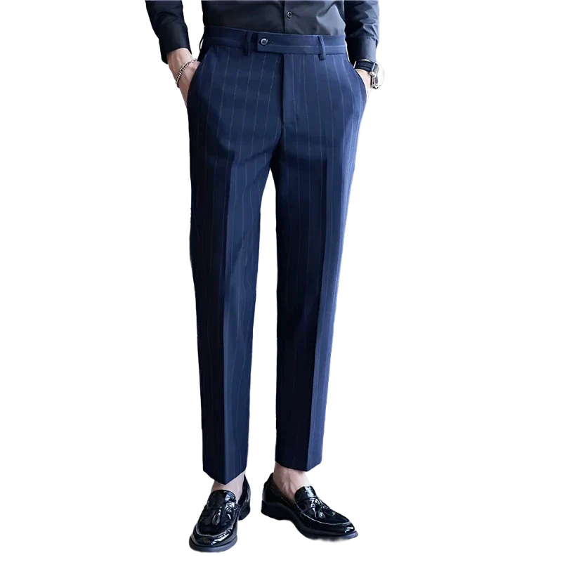 men’s pinstripe tailored trousers, slim fit dress trousers, formal men’s pants, men’s suit trousers, classic pinstripe trousers